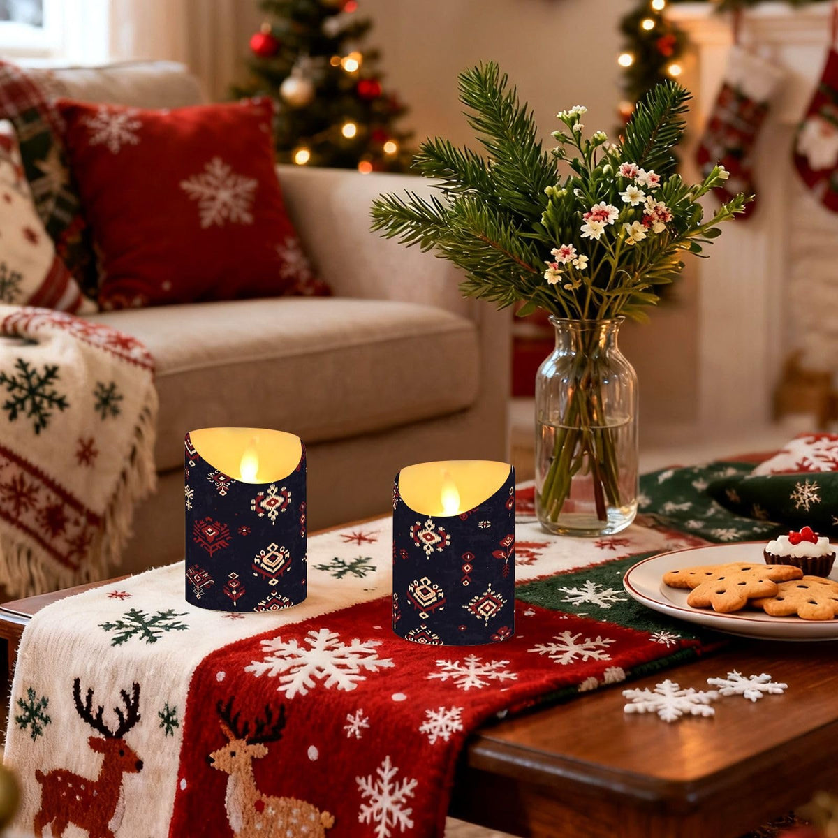 Gravopti Tribal Ikat 2 Pack Flameless LED Pillar Candles with Remote & Timer, Battery Operated, Flickering Wax Candle for Wedding, Romantic Home & Party Decor