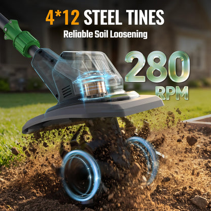 WORKPROX 20V Cordless Tiller Cultivator, 4×12 Durable Steel tines, 8-Inch Wide & Deep Garden Rototiller, 4.0Ah Battery Powered, Electric Cultivator for Soil, Lawn & Garden