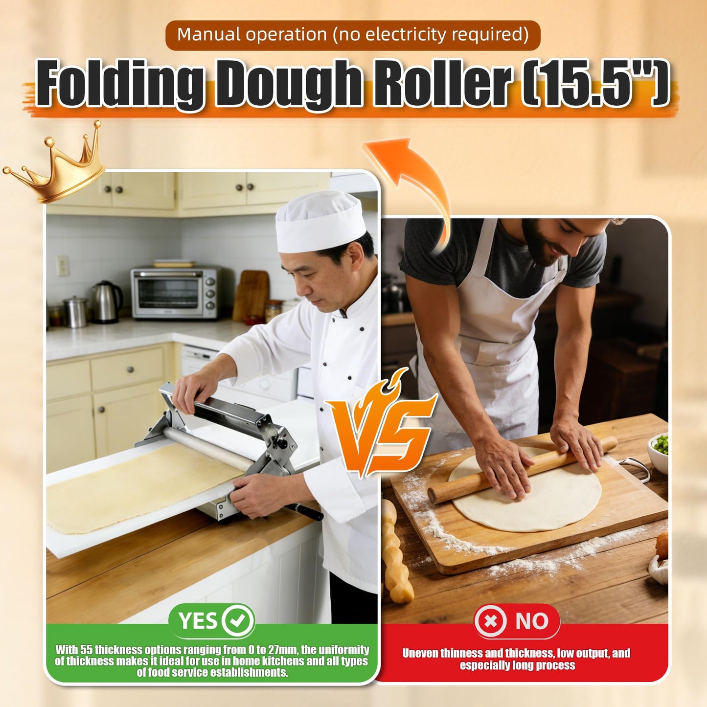 Folding Dough Sheeter (15.5")，Dough Sheeter，Manual Dough Sheeter，Commercial Dough Roller Sheeter，55 thickness options，Suitable for pizza, croissants, puff pastry, Stainless Steel（1 Rolling Boards）