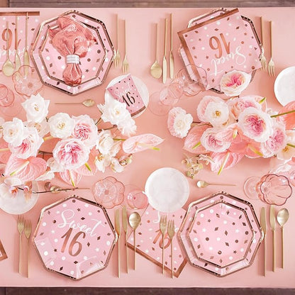 Rose Gold &amp Pink Sweet 16 Birthday Bundle: Party Supplies Set with paper Plates Napkins Cups Tablecloth &amp Banner - Sweet Sixteen Decorations Party Favors Serves 25
