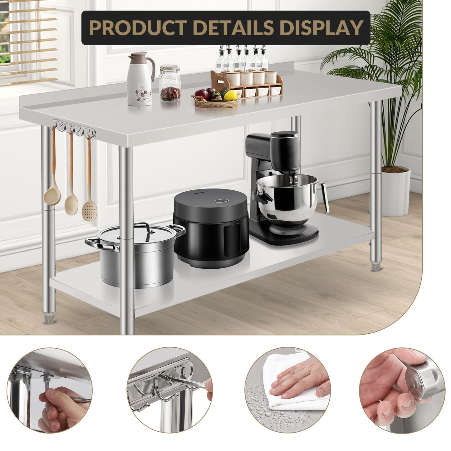 60x24x35 Inch Stainless Steel Work Table with Undershelf, Heavy Duty Commercial Prep Table for Restaurant Kitchen and Catering Use
