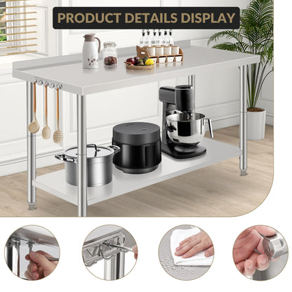 60x24x35 Inch Stainless Steel Work Table with Undershelf, Heavy Duty Commercial Prep Table for Restaurant Kitchen and Catering Use