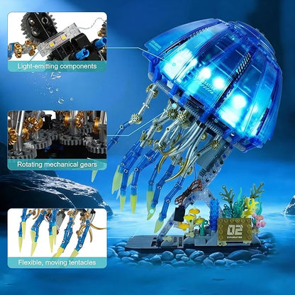 Mechanical Jellyfish Building Block Set with LED Light Bionic Glowing Mech Jellyfish Movable Linkage Gears Sea Animal Collection Toy Desk Decor Creative Gifts for Ages 8+(1146PCS)