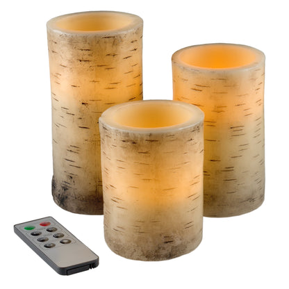 Flameless Candles - 3-Pack Faux Birch Bark Battery Operated LED Candles with Remote and Flickering Light for Home Décor by Lavish Home