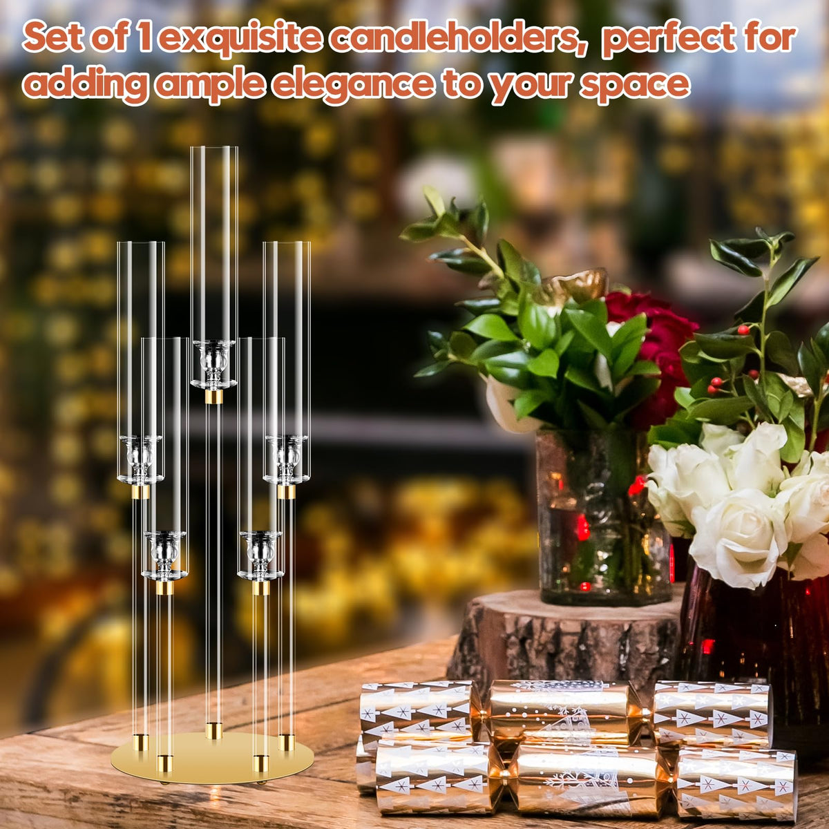 5 Arm Gold Candle Holder, Mjkeomo 26'' Tall Candelabra Centerpieces for Tables Clear Candlesticks Holder for Housewarming Gift Fireplace Halloween Christmas Wedding Decor Fit 0.82'' LED Candle