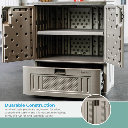 Suncast Base Storage Cabinet with Drawer for Garage Organization - Lockable Single-Drawer Organizer with Shelf for Garden Supplies, Paint Cans & Outdoor Tools, Multi-Wall Resin Construction, Platinum