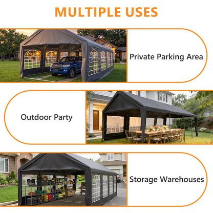 Carport 13x26 FT Heavy Duty Carport Canopy, Reinforced Steel Frame Car Tent Garage with 6 Windows, Waterproof & UV-Resistant Car Shelter, Portable Garage All-Season Tarp for Car/Truck/Boat Grey