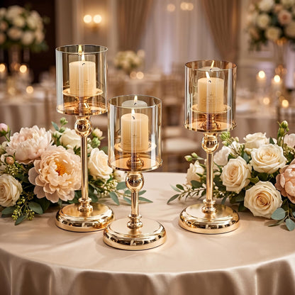 Oakernel Gold Hurricane Candle Holders - Set of 6 Tall Candlestick Holders Windproof Taper Candle Holders, Metal Stand for Table Centerpiece Outdoor Indoor Wedding Party Holiday Decor