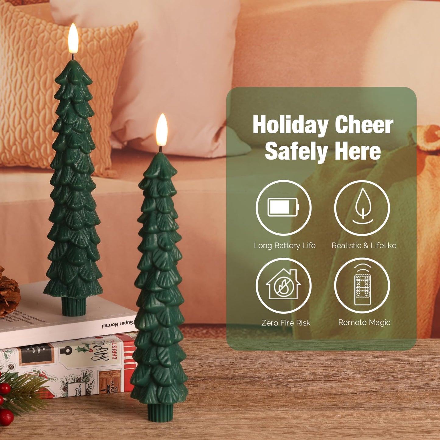 Eywamage Green Christmas Tree Taper Candles with Remote, Real Wax Flickering Flameless LED Candlesticks Set of 2