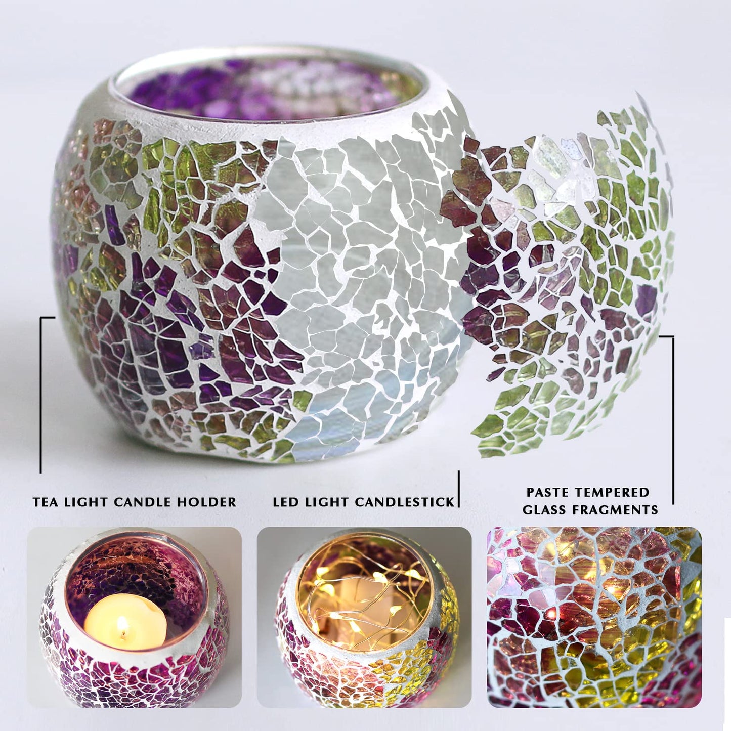 Votive Candle Holders for Table Centerpiece (NO Candles) Wedding Dinner by Candlelight,Tea Light Holders Mosaic Candle Holdes Candlescape Bowl for Valentine's,Christmas Party Decor 1 PC(Pink Green)