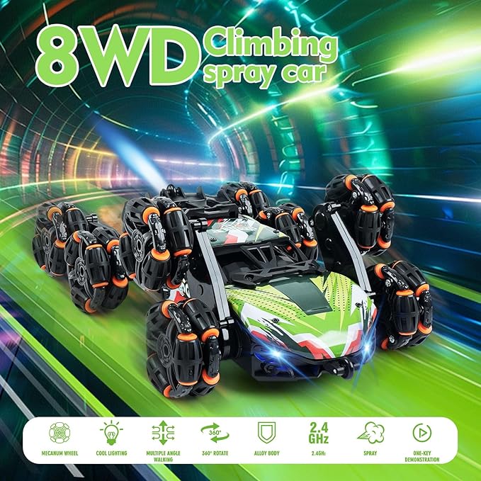 8 Wheels Remote Control Car - Birthday Gifts for 6 7 8 9 10 11 12 Years Old Boys Gesture Sensing RC Stunt Car with Lights &amp Spray &amp 360 Degree Flips 2.4Ghz Climbing Toys for Kids Age 6-12