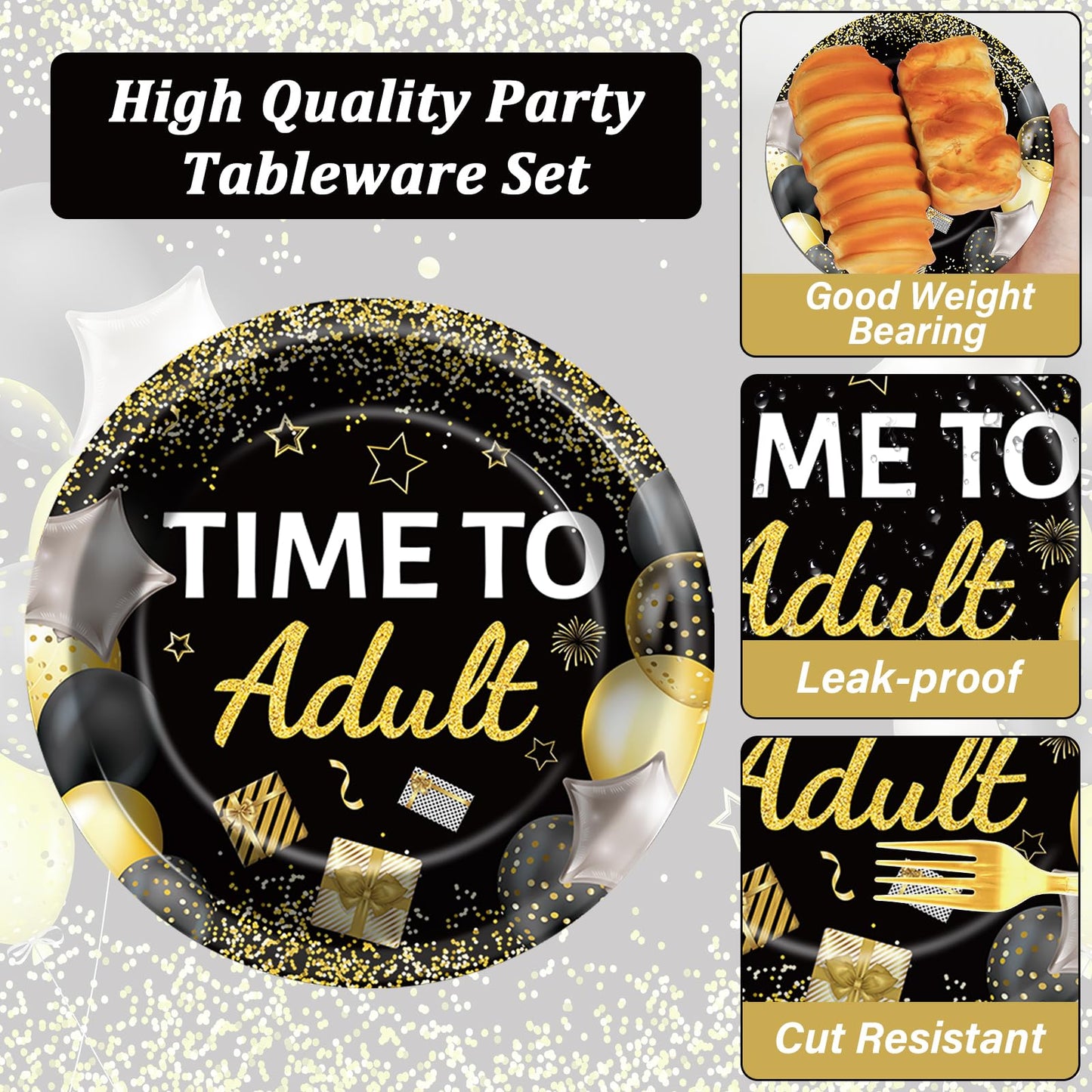 96 Pcs 18th Birthday Party Plates and Napkins Party Supplies Time To Adult 18 Years Old Birthday Party Tableware Set Black Gold 18th Birthday Decorations Favors for Boys Girls for 24 Guests
