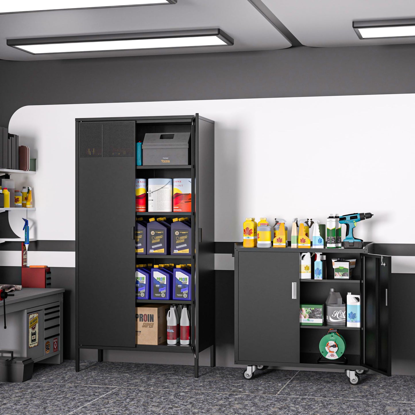 Baborokic Black Garage Cabinet with Wheels,Metal Storage Cabinet,Lockable Storage Cabinet with Doors and Adjustable Shelves,Tool Chest,Rolling Metal Tool Cabinets for Garage,Warehouse,Basement