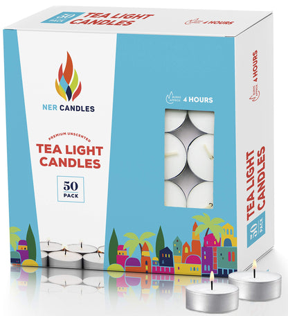 50 Unscented Tea Lights Candles White, Smokeless, Dripless & Long Lasting Paraffin Small Votive Mini Tealight Candle for Home, Pool, Shabbat, Weddings & Emergencies (50-Pack)