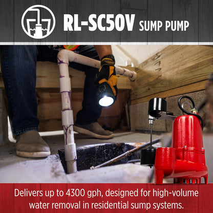 Red Lion RL-SC50V Submersible Water Pump, Heavy Duty Automatic Sump Pump with Vertical Float Switch, 1/2 HP, 4300 GPH, Cast Iron