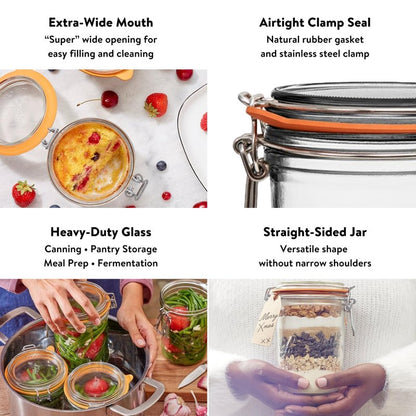 Le Parfait Super Terrine 1L (32oz) Zero Waste Eco-Friendly Glass Canning Jar, Airtight Rubber Seal & Wire Bail Lid, BPA-Free, Water Bath Safe for Food Storage & Preserving, Made in France