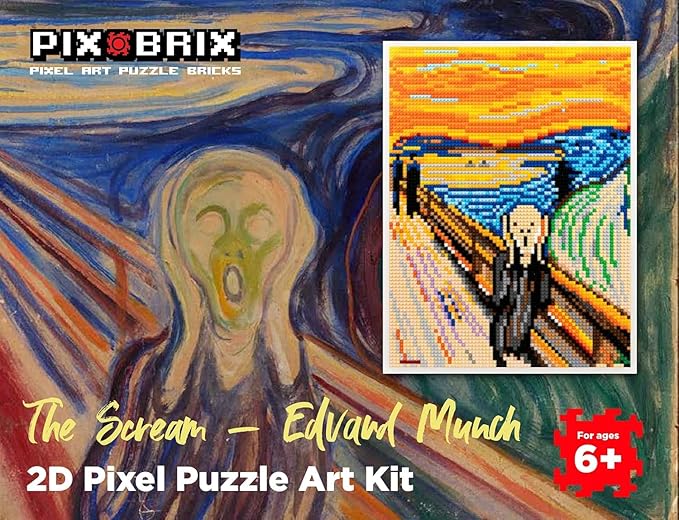 Pix Brix Pixel Art Puzzle Bricks - Pixel Puzzle of The Scream by Edvard Munch 6510 Pieces - Patented Colorful Slide + Stack Building Bricks to Recreate This Famous Painting Builds Without Glue