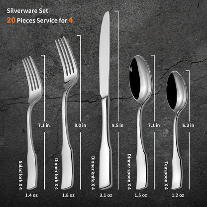 Alata Kate 20-Piece Silverware Set Stainless Steel Flatware Set,Service for 4,Mirror Polished Cutlery Set,Dishwasher Safe
