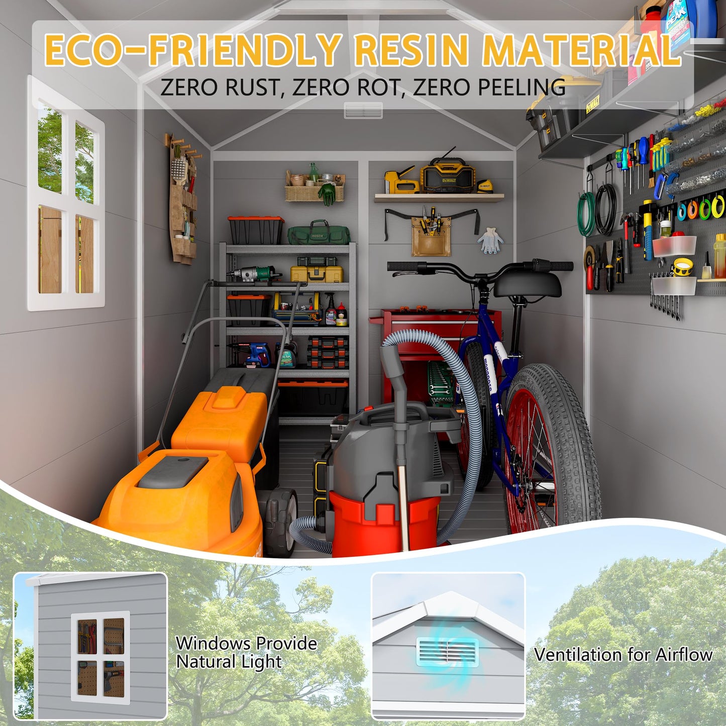 PIPLEO 6x8 FT Resin Outdoor Storage Shed with Floor, Plastic Garden Storage Shed with Lockable Door & Vent, All Weather Versatile Tool Shed for Backyard, Patio, Lawn, Cloud Gray (6x8 FT)