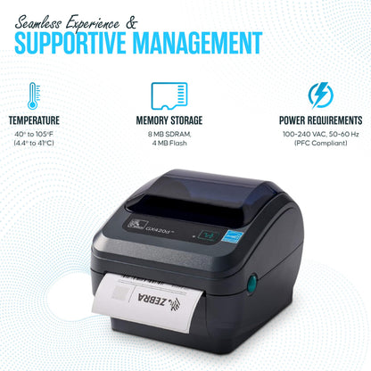 Zebra GK420D Direct Thermal Label & Barcode Printer – Ethernet/USB Connectivity – 1 Year Warranty – Includes 24V Adapter, 4x6 Labels, USB Cable & Microfiber Cleaning Cloth (Renewed)