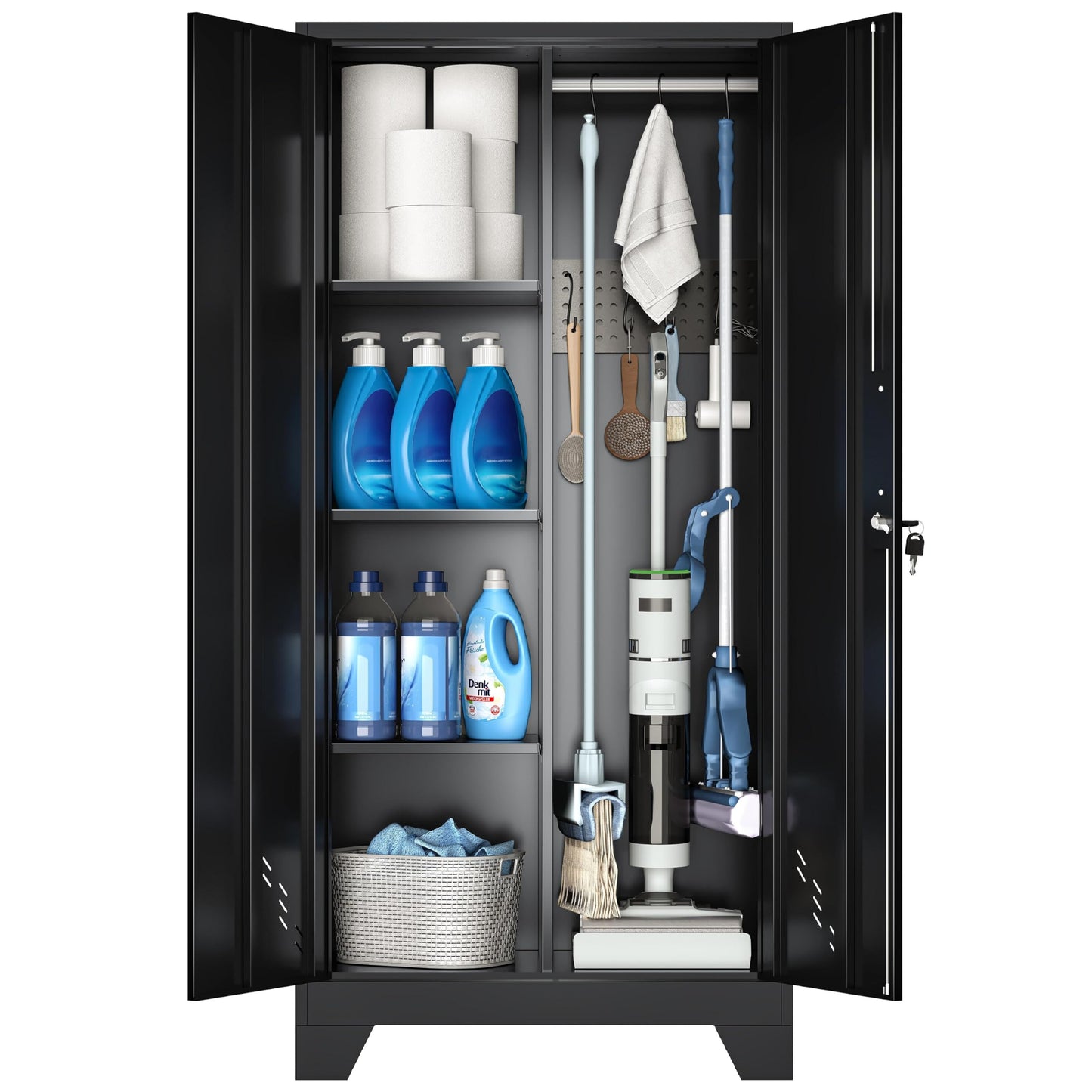 VASAAOSD 61" Broom Closet Storage Cabinet, Metal Storage Cabinet with Doors, Utility Cabinets for Brooms and Mops, Cleaning Tool Cabinets for Garage, Laundry Room, Bathroom