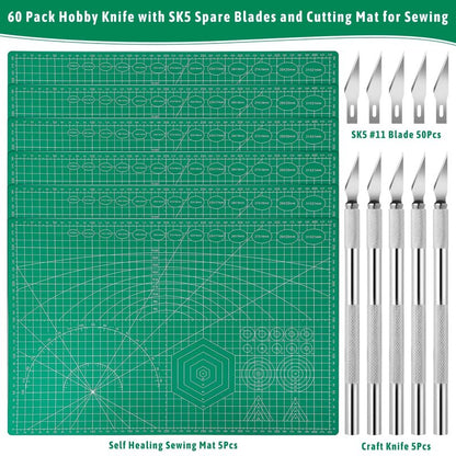 5 Pack Self Healing Cutting Mats and Exacto Knife Set, Sewing Mats with Precision Cutters and Extra 50Pcs SK5 Steel Blade 12" x 18" Work Mat for Crafts, Scrapbooking and Quilting
