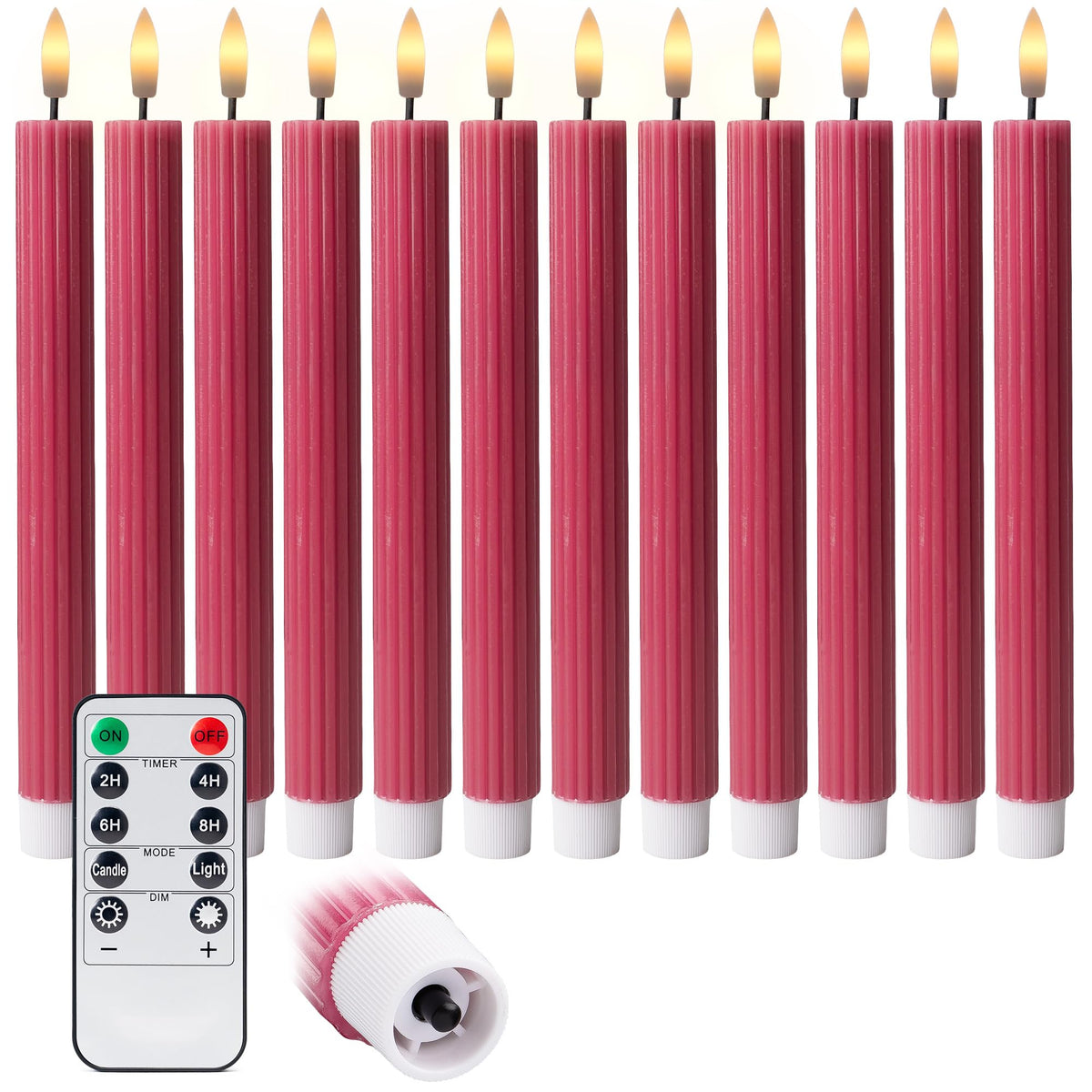 West Ivory 12 Pack, 10" LED Flameless Pink Fluted Ribbed Grooved Taper Candles with 2 Remotes & 24h Timer Memory, On/Off Button, Dimmable, Flicker Mode, Battery Operated, Christmas Menorah Wedding