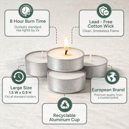 Zuvo Tea Lights Candles 8 Hour Burn (100 Pack) - Unscented White Tealight Candles, Long Burning Smokeless Tea Lights for Weddings, Home, Shabbat, Emergency - European Made, Lead-Free Cotton Wick