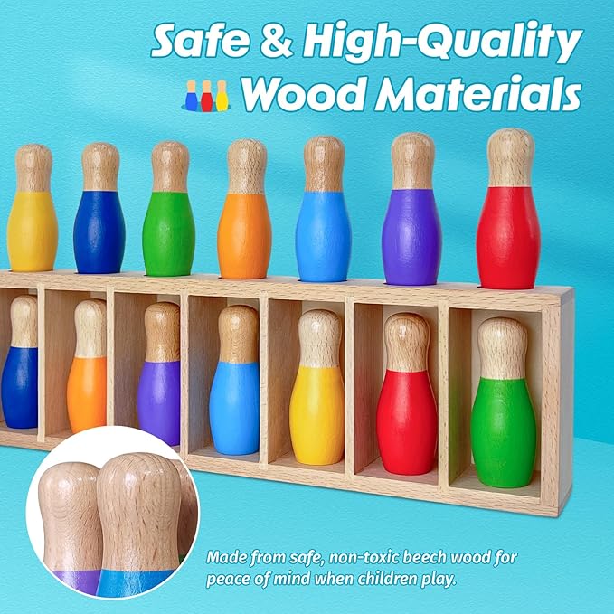 pamexin Family Games for Kids Wooden Bowling Color Matching Game with 7 Bright Pins and Storage Bag Family Board Games Party Birthday Gift Fun Party Game for Boys Girls