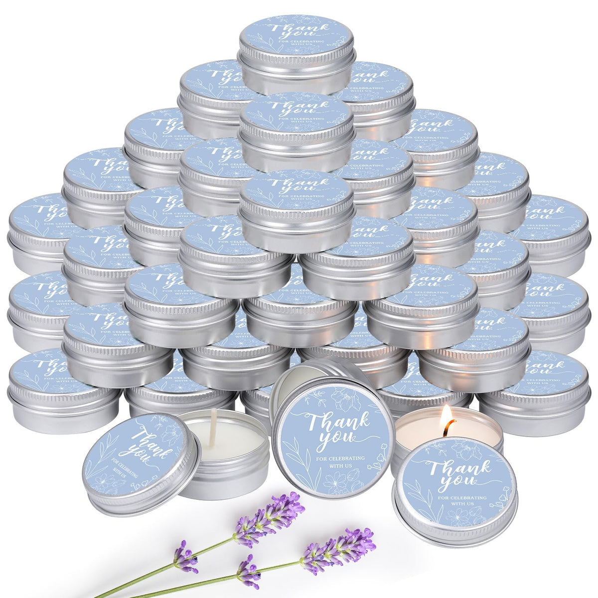 MTLEE 50 Pcs Blue Floral Wedding Thank You Candles Gifts for Guests, Bridal Shower Baby Shower Favors, 1 oz Mini Lavender Scented Soy Wax Candles Tin Bulk for Birthday Aromatherapy Party Favors