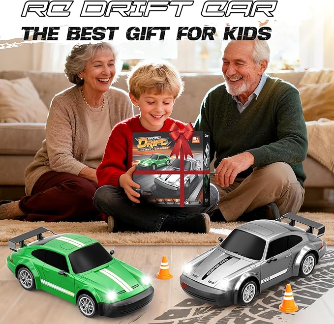 RC Drift Car 1:24 Scale Remote Control Car with LED Lights 20KM/H 4WD High Speed RC Cars Racing and Drifting Dual-Mode Toy Car Idea Gift for Adults and Kids Green