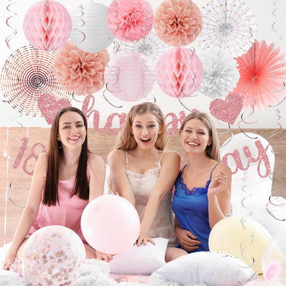 Vlipoeasn Pink White Rose Gold 18th Birthday Decorations, 18th Birthday Paper Lanterns, Tissue Pom Poms Fan,Honeycomb Ball, Happy 18 Year Old Party Supplies for Girls