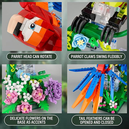 Parrot Floral Building Set MOC Flower and Parrot Collectible Table Art Kit Creator 2 in 1 Animals Bird Ideas Gifts Toys for Adults and Teens Age 14+ (1176 PCS)