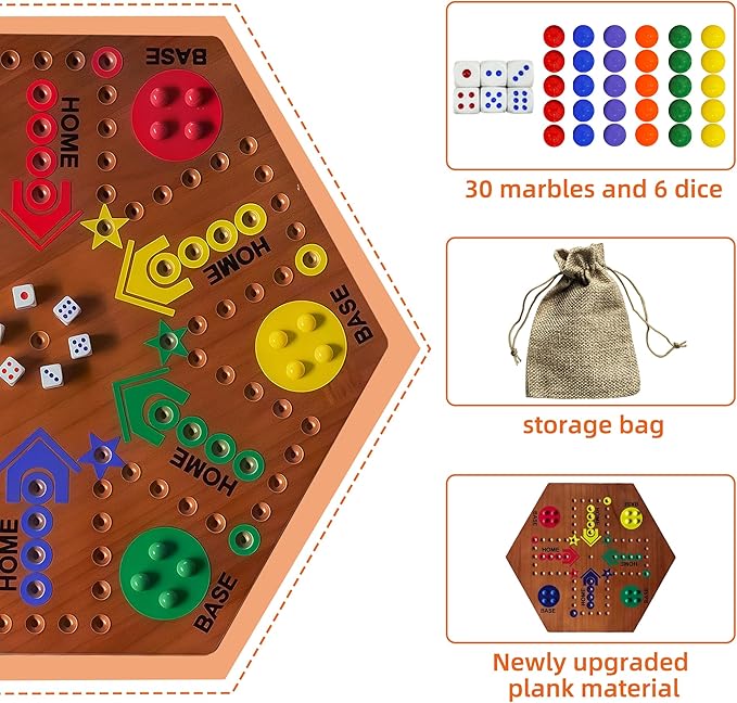 Wooden Board Game Board Game Original Marble Game Double Sided Painted 2 to 6 Player Fast Track Wooden with 6 Colors 24 Marbles 6 Dice for Adults Kids Family(20 INCH Flame)