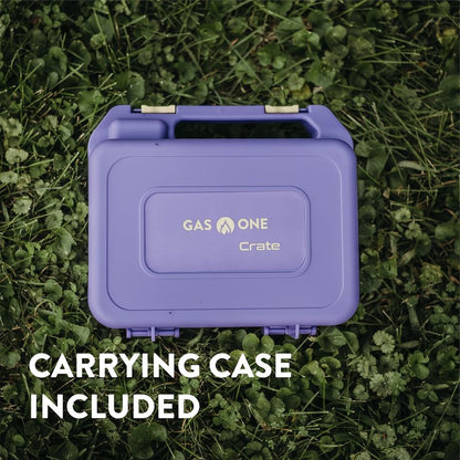 Gas One Butane Fuel Camp Stove – Crate Series - Mini Stove for Camping, Hiking – Portable Gas Stove with Spiral Flame – Even Heat Distribution – Modern and Easy to Use (Violet)