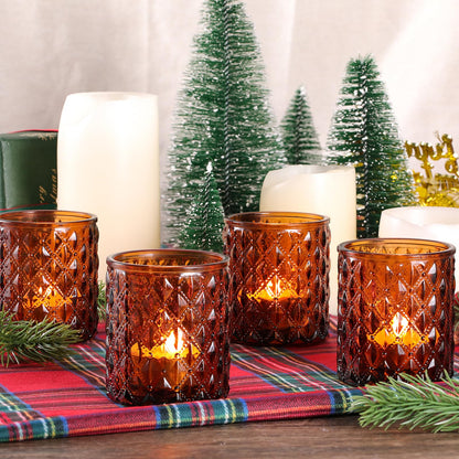 MATAHUM 12Pcs Large Votive Candle Holders 2.8 * 3.2in Amber Tea Light Candle Holders Glass Candle Holder for Bridal Shower, Wedding, Table Centerpiece, Party, Home Decor