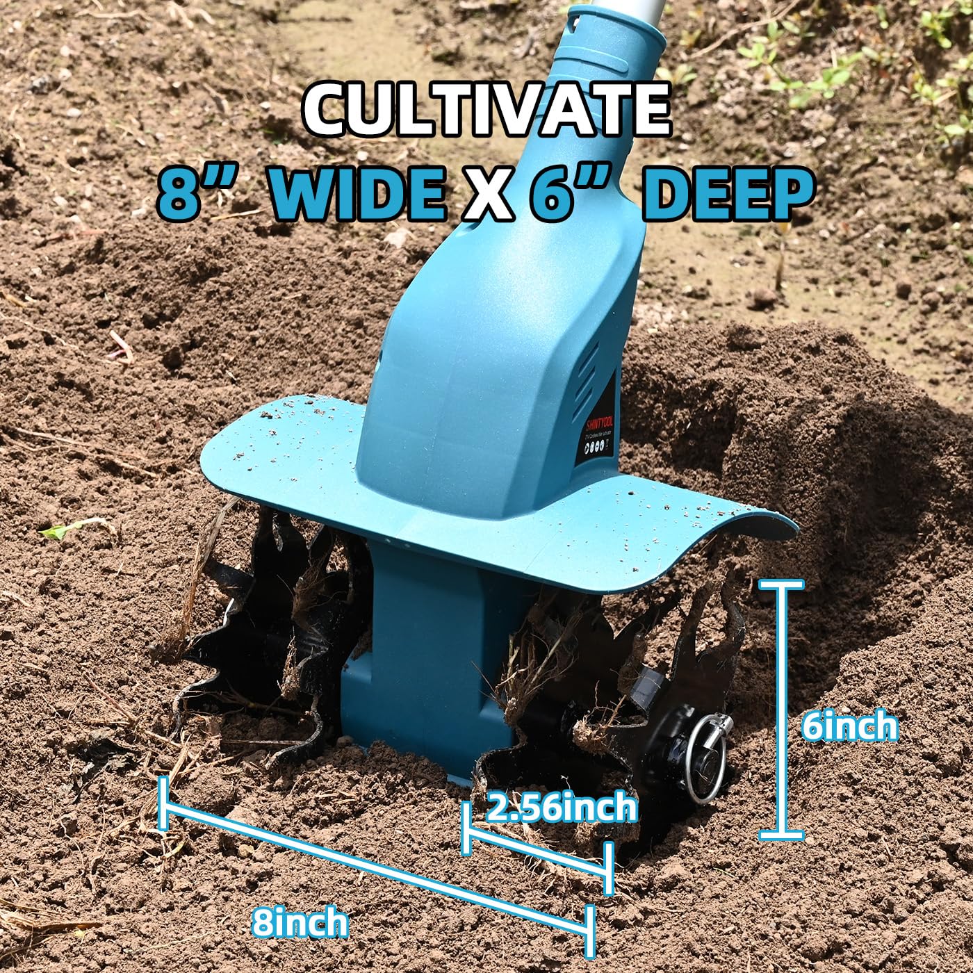 21v Cordless Tiller, 8-Inch Wide 4.0 Ah Battery Powered Garden Cultivator, Cultivator with Steel Tines and Battery Capacity Display, Rototiller for Lawn/Gardening/Soil Cultivation (Blue) by Shintyool