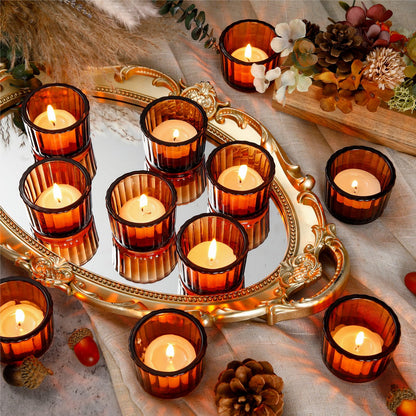 Mumufy 100 Pcs Glass Tealight Candle Holder Ribbed Votive Candle Holder for Centerpiece Wedding Proposal Spa Aromatherapy Meditation Home Decor (Amber)