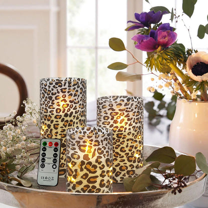 NjaoHoo Flickering Flameless Candles, Recessed String Light LED Candles 3D Wick Acrylic Battery Operated LED Pillar Candles with Remote and Timer for Modern Simple Home Decor Set of 3(Leopard)