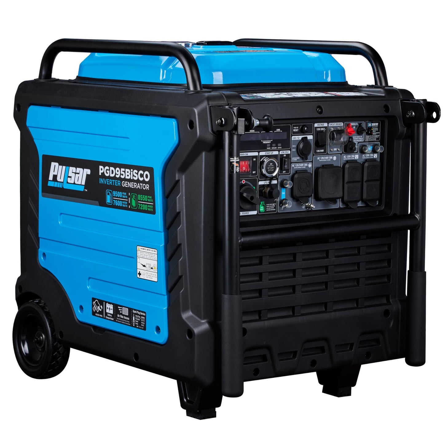 Pulsar PGD95BISCO Super Quiet Dual Fuel 9500W Home Use Backup Portable Inverter Generator With Remote Control and electric start (CO, low battery and low oil Shutoff), RV ready