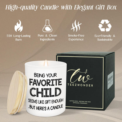 TEEZWONDER Mothers Day Gifts for Mom from Daughter Son - Favorite Child Vanilla Lavender Candle 10 oz - Dad Mom Birthday Gifts, Funny Gift for Grandma Grandpa, Scented Candles for Men Women