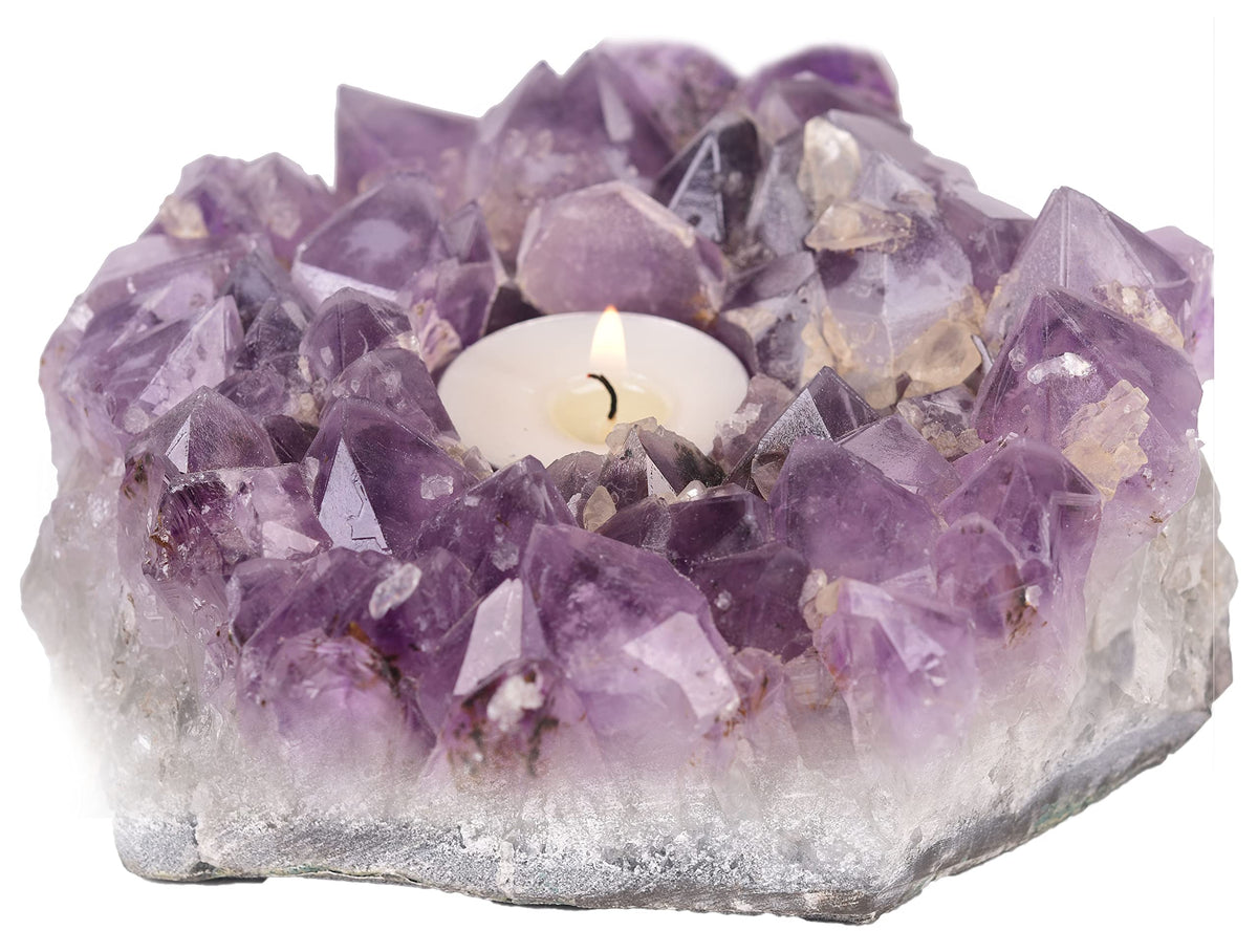 JIC Gem Amethyst Candle Holder Natural Purple Crystals Candle Stand Large Amethyst Tealight Candle Holders Home Decoration 5.5 Inch