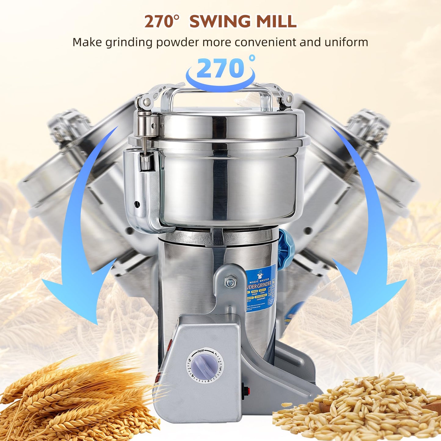 MAGIC MASTER 1000g Grain Mill, High Speed Electric Grinder, Stainless Steel Dry Grinder Machine For Flour, Wheat, Nut, Corn, Rice, Pepper, Herbs, Coffee Beans, Swing, 110V