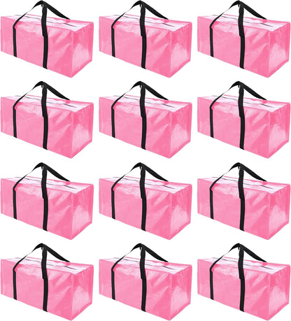 PANDA JOYS Extra Large Moving Bags - Heavy-Duty Storage Totes with Zippers & Handles | 12 Pack, Pink