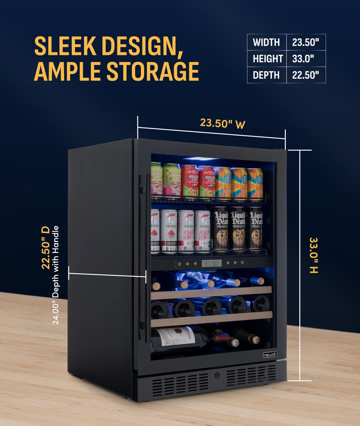 NewAir 24" Dual Zone Beverage Refrigerator & Wine Cooler for 24 Bottles & 100 Cans | Freestanding or Built-In Under Counter Mini Fridge for Beer, Wine and Soda | Stainless Steel