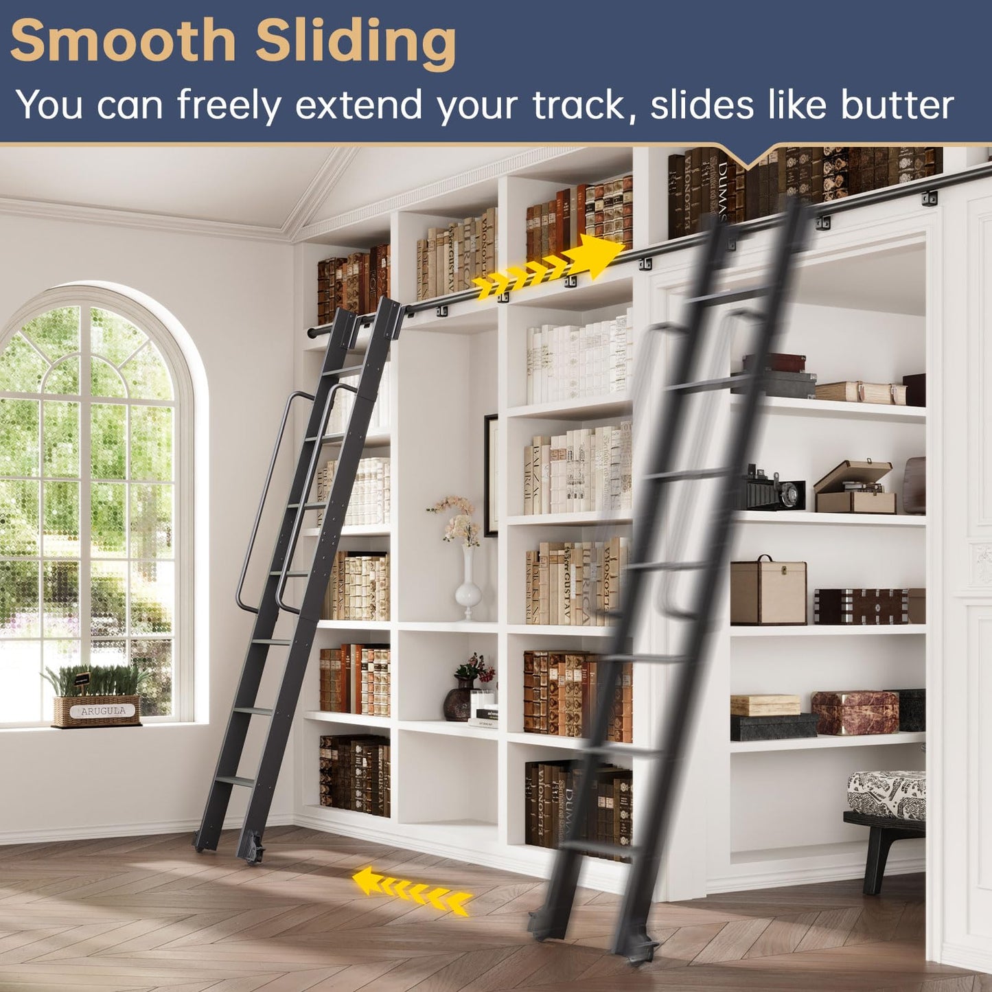 CEAKIAN 9FT Aluminum Rolling Library Ladder with 4FT Sliding Hardware Kit,Telescopic Hook Track with Brake Wheel,8 Steps with Handrail,450lbs Capacity,Black,Easy Assembly,for Loft Bookcase Attic Home