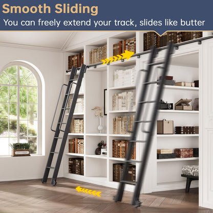 CEAKIAN 9FT Aluminum Rolling Library Ladder with 4FT Sliding Hardware Kit,Telescopic Hook Track with Brake Wheel,8 Steps with Handrail,450lbs Capacity,Black,Easy Assembly,for Loft Bookcase Attic Home