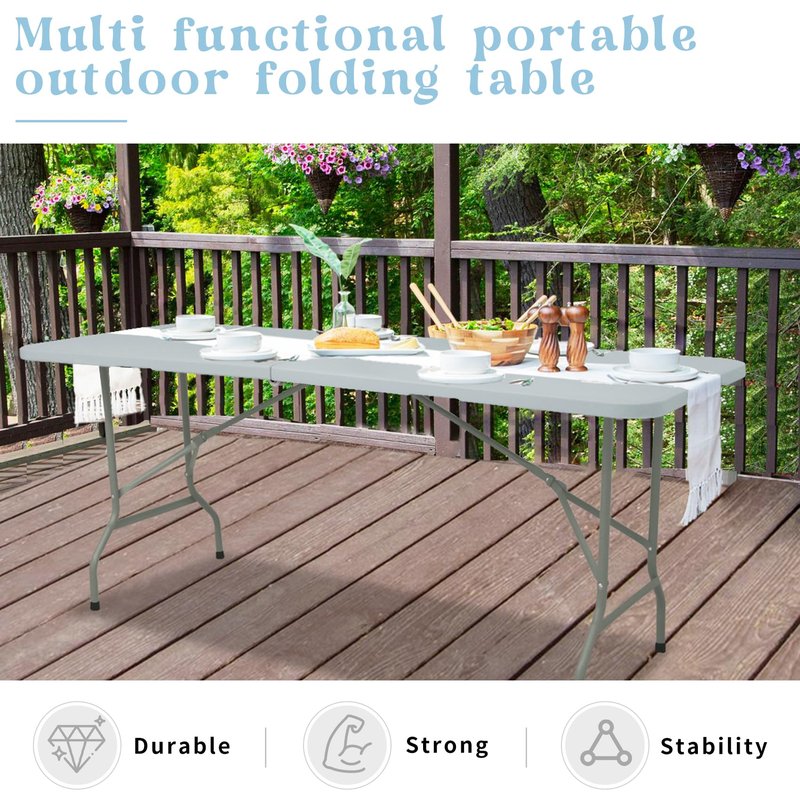 Set of 2 Folding Table 6 FT Lightweight Camping Table Portable Plastic Rectangular Outdoor Dining Table Steel Legs Fold-in-Half with Carrying Handle for Indoor,Picnic,Party,Wedding,Events(White)