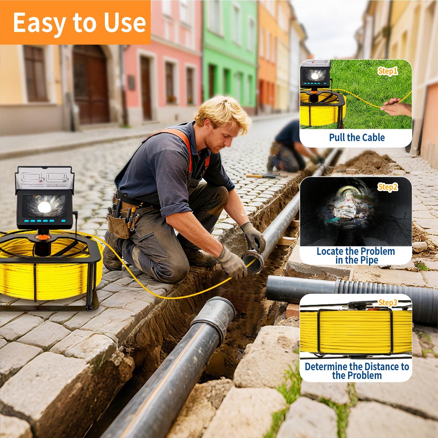 Willsily Drain Inspection Camera,4.3" Industrial Endoscope with DVR Function and LED Lights IP68 Waterproof Sewer Camera 8-10H Battery Borescope for Home Drain Pipe Plumbing(98.4ft/30m)