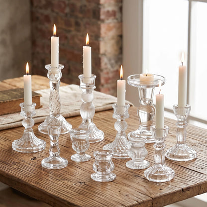Mumufy 10 Pcs Glass Crystal Taper Candle Holders Clear Glass Candlestick Holder Fit 0.8 Inch Candles Crystal Decorative Candle Stand Centerpiece Table Wedding Dining Party (Classic,Clear)
